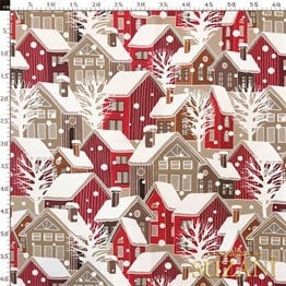 Kış Evleri Desenli Dijital Baskılı Kumaş