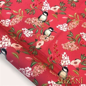 Koyu Pembe Saka Kuşu Dijital Baskılı Kumaş