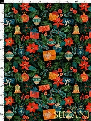 Koyu Yeşil Zemin Yılbaşı Süsleri Desenli Dijital Baskılı Kumaş