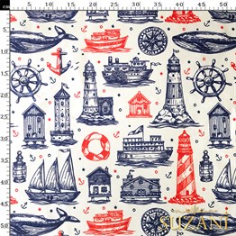 Lacivert Kırmızı Denizci Desenli Dijital Baskılı Kumaş