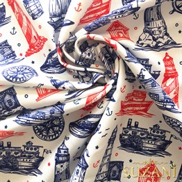 Lacivert Kırmızı Denizci Desenli Dijital Baskılı Kumaş