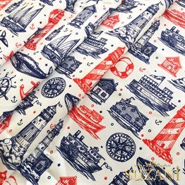 Lacivert Kırmızı Denizci Desenli Dijital Baskılı Kumaş