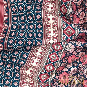 Lacivert Pembe Geleneksel Desenli Dijital Baskılı Kumaş