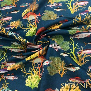 Lacivert Zemin Balık Desenli Dijital Baskılı Kumaş