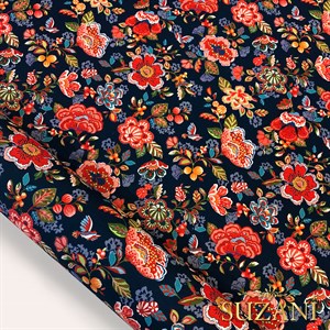 Lacivert Zemin Çiçek Desenli Dijital Baskılı Kumaş