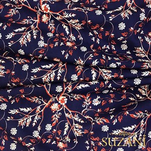 Lacivert Zemin Çıtır Çiçek Desenli Dijital Baskılı Kumaş