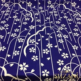 Lacivert Zemin Dallar ve Çiçekler Desenli Kumaş