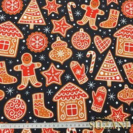 Lacivert Zemin Kurabiyeli Yılbaşı Desenli Kumaş