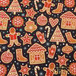 Lacivert Zemin Kurabiyeli Yılbaşı Desenli Kumaş