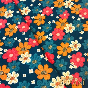 Lacivert Zeminli Renkli Çiçekler Dijital Baskılı Kumaş