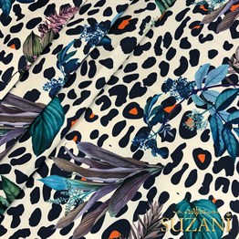 Leopar Zemin Botanik Desenli Dijital Baskılı Kumaş
