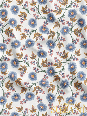 Mavi Çiçek Desenli Dijital Baskılı Kumaş