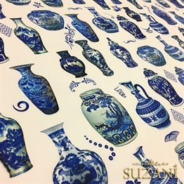 Mavi Çini Vazolar Desenli Kumaş