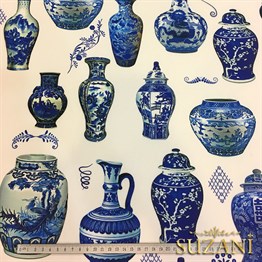 Mavi Çini Vazolar Desenli Kumaş