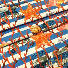 Mavi Çizgili Deniz Yıldızı Desenli Kumaş