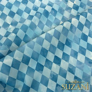 Mavi Dama Desenli Dijital Baskılı Kumaş