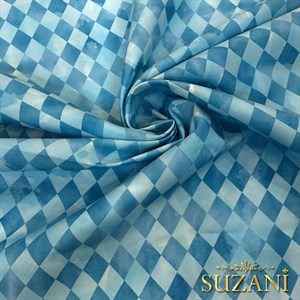 Mavi Dama Desenli Dijital Baskılı Kumaş