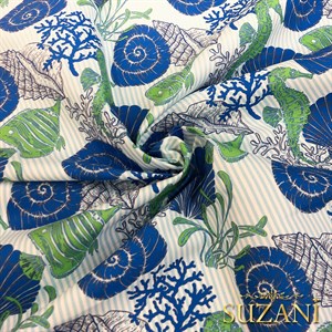 Mavi Deniz Kabuğu Desenli Dijital Baskılı Kumaş