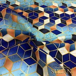 Mavi Küpler ve Mermer Desenli Kumaş