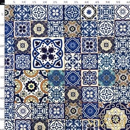 Mavi Seramik Desenli Dijital Baskılı Kumaş