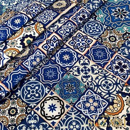 Mavi Seramik Desenli Dijital Baskılı Kumaş