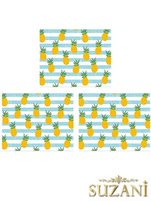 Mavi Şerit Zeminli Ananas Desenli 3lü Beslenme Örtüsü, Amerikan Servisi Kumaşı