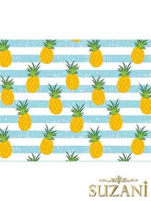 Mavi Şerit Zeminli Ananas Desenli 3lü Beslenme Örtüsü, Amerikan Servisi Kumaşı