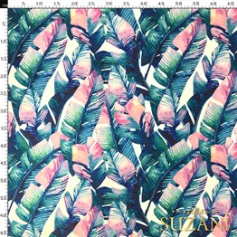 Mavi Tropikal Muz Yapraklı Dijital Baskılı Kumaş
