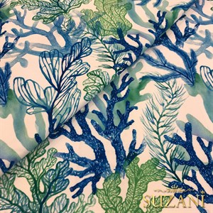 Mavi Yeşil Mercan Desenli Dijital Baskılı Kumaş