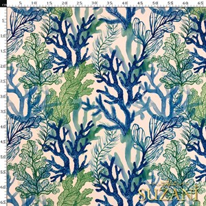 Mavi Yeşil Mercan Desenli Dijital Baskılı Kumaş