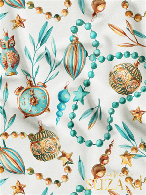 Mavi Yılbaşı Süsleri Desenli Dijital Baskılı Kumaş