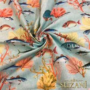 Mavi Zemin Balık Desenli Dijital Baskılı Kumaş