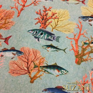 Mavi Zemin Balık Desenli Dijital Baskılı Kumaş