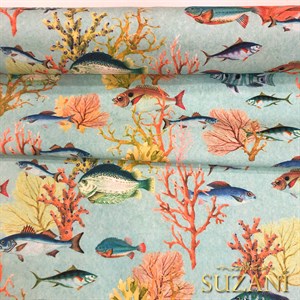 Mavi Zemin Balık Desenli Dijital Baskılı Kumaş