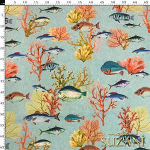 Mavi Zemin Balık Desenli Dijital Baskılı Kumaş