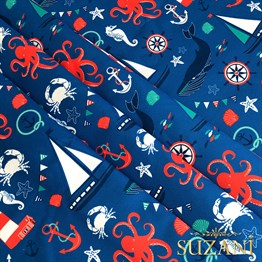 Mavi Zemin Denizci Desenli Dijital Baskılı Kumaş