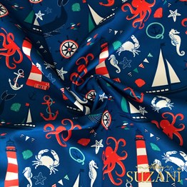 Mavi Zemin Denizci Desenli Dijital Baskılı Kumaş