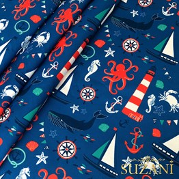Mavi Zemin Denizci Desenli Dijital Baskılı Kumaş