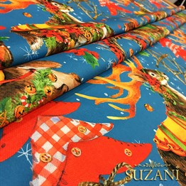 Mavi Zemin Geyikli Yılbaşı Desenli Kumaş