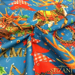 Mavi Zemin Geyikli Yılbaşı Desenli Kumaş