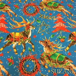 Mavi Zemin Geyikli Yılbaşı Desenli Kumaş