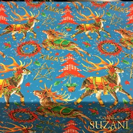 Mavi Zemin Geyikli Yılbaşı Desenli Kumaş