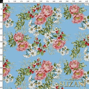 Mavi Zemin Şakayık Desenli Dijital Baskılı Kumaş