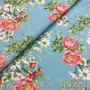 Mavi Zemin Şakayık Desenli Dijital Baskılı Kumaş