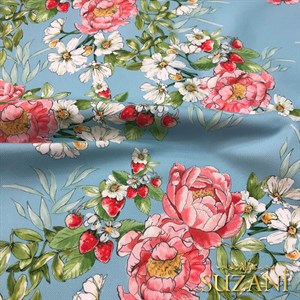 Mavi Zemin Şakayık Desenli Dijital Baskılı Kumaş