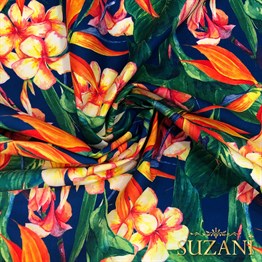 Mavi Zemin Tropik Çiçekler Dijital Baskılı Kumaş