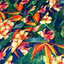 Mavi Zemin Tropik Çiçekler Dijital Baskılı Kumaş