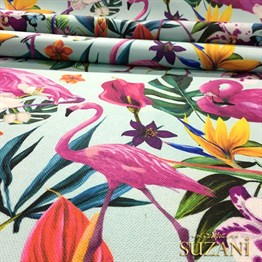 Mavi Zemin Tropikal Orman Desenli Kumaş