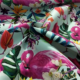 Mavi Zemin Tropikal Orman Desenli Kumaş