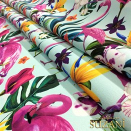 Mavi Zemin Tropikal Orman Desenli Kumaş